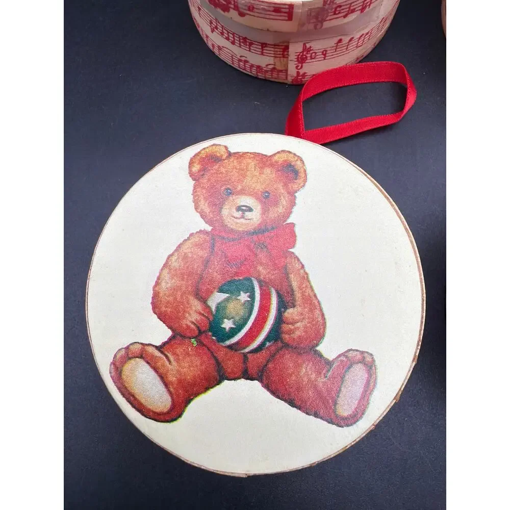 Vintage Teddy Bear Wooden Box Christmas Ornaments Set 4 Toyland Music 3”